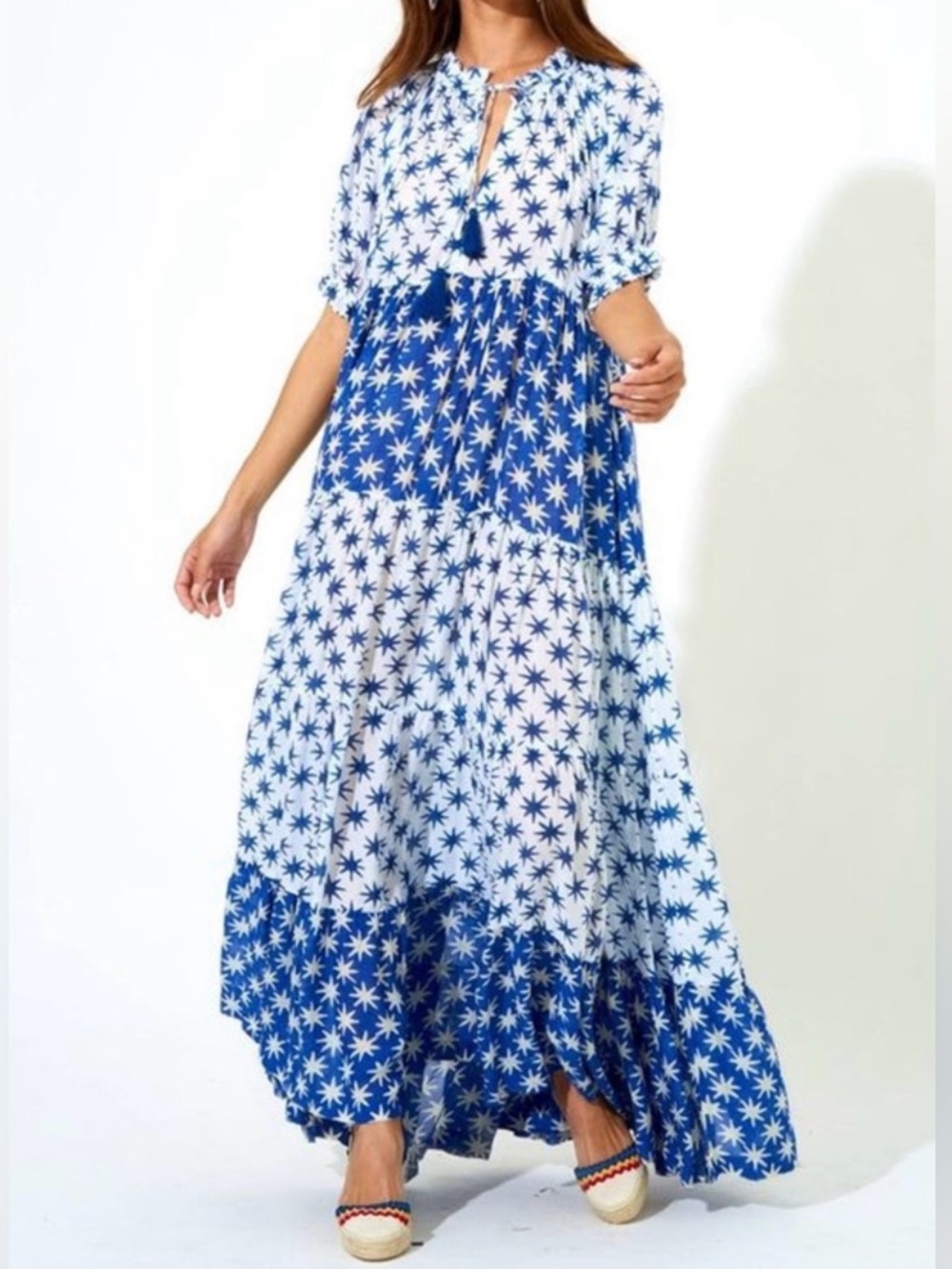 Oliphant Puff Sleeve Tiered Maxi Dress in Virgo Blue Star Size Large